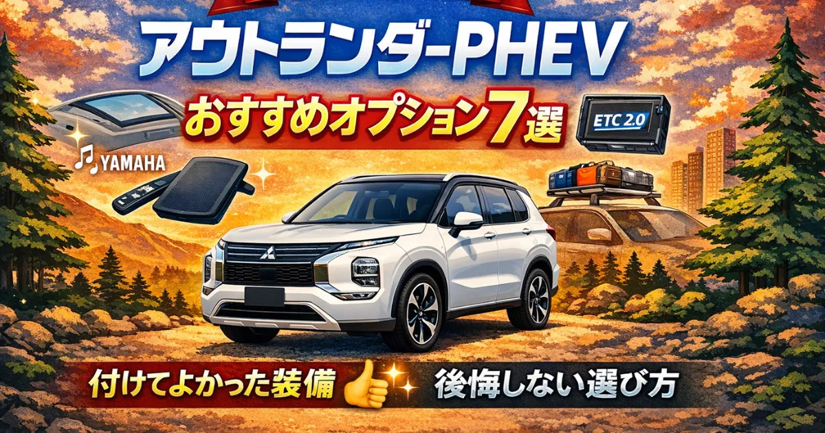 三菱アウトランダーPHEVのおすすめオプション7選を実体験ベースで解説。YAMAHAサウンド・パノラマサンルーフ・ルーフレールなど人気装備を紹介。後悔しないオプション選びのコツやおすすめしない装備も解説します。 