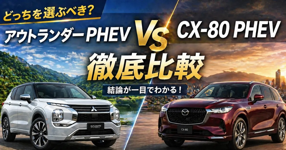 アウトランダーPHEVとCX-80 PHEVを価格・燃費・EV性能・室内空間・走行性能まで徹底比較。