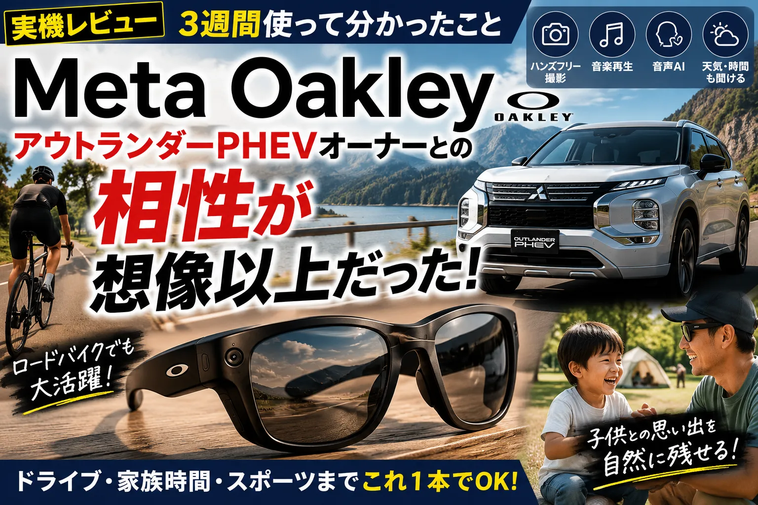 Meta Oakleyを実際に3週間使ったレビュー。ロードバイク、アウトランダーPHEVでのドライブ、子供とのお出かけで感じたメリット・デメリットを本音で解説。ハンズフリー撮影や音声AIの使い勝手も紹介します。